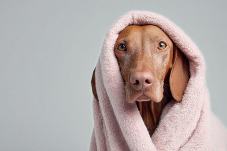 A senior dog with soulful eyes is warmly wrapped in a soft, gray blanket. Its gentle expression and cozy appearance create a heartwarming scene..の素材