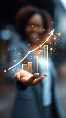 In a modern office, a business professional smiles while presenting an upward trending graph graphic with their hand. The atmosphere is energetic and focused on growth.の素材
