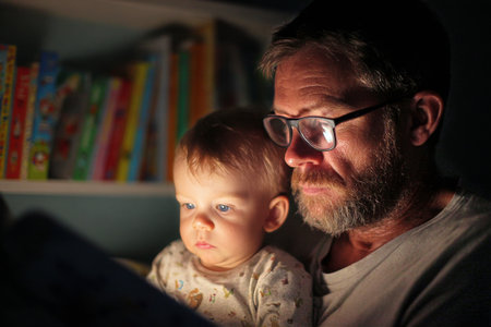 A father shares a tender moment reading a story to his child in a softly lit room filled with books. The child listens intently while nestled in his lap.の素材