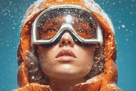 A young person wearing a bright orange winter jacket and protective goggles stands against a blizzard backdrop. Snowflakes swirl as they brave the harsh, icy weather..の素材