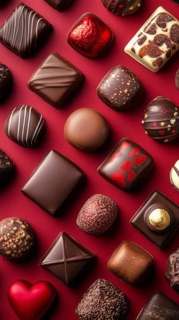 A variety of gourmet chocolates are arranged neatly on a deep red surface. Different shapes and textures create an appealing visual treat, showing rich flavors and artistic designs.の素材