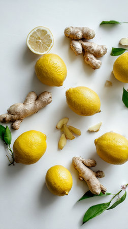 Fresh yellow lemons and ginger pieces are artistically arranged with green leaves on a clean white surface, perfect for cooking or promoting health and wellness..の素材