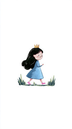 A young girl wearing a crown strolls happily through a grassy field, dressed in a blue dress and pink shoes, capturing a moment of childhood joy and imagination..の素材