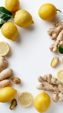 Bright yellow lemons and fresh ginger roots are artistically arranged on a light surface, showing their natural colors and textures. This setup is perfect for healthy cooking inspiration..の素材