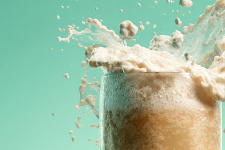 A glass filled with fizzy soda overflows, creating a bubbly splash. The drinks caramel color contrasts with the mint green backdrop, adding a vibrant touch.の素材