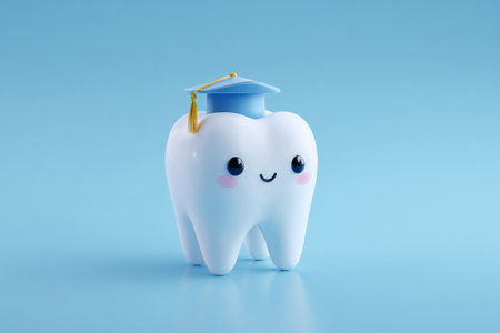 A cheerful tooth character with a graduation cap stands proudly against a light blue background, symbolizing the importance of dental education and good oral hygiene practices.の素材