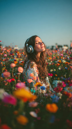 A young woman with headphones sits peacefully among vibrant flowers under a clear blue sky. She appears and relaxed lost in her music, surrounded by natures beauty..の素材