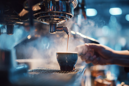 A barista skillfully prepares a steaming cup of espresso at a coffee shop. The rich aroma fills the air as customers eagerly wait for their drinks..の素材