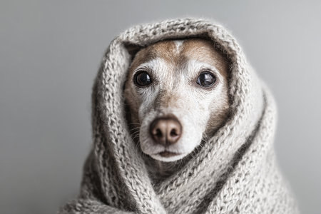 A senior dog with soulful eyes is warmly wrapped in a soft, gray blanket. Its gentle expression and cozy appearance create a heartwarming scene.の素材