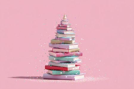 A tall stack of colorful books sits on a light pink surface while colorful confetti falls around it, creating a festive and cheerful atmosphere perfect for celebrations or reading events..の素材