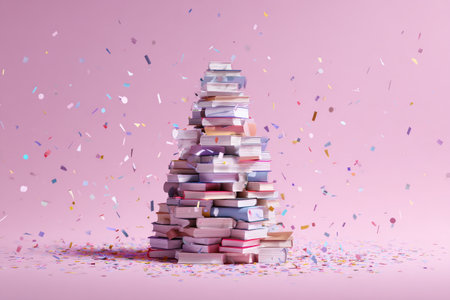 A tall stack of colorful books sits on a light pink surface while colorful confetti falls around it, creating a festive and cheerful atmosphere perfect for celebrations or reading events.の素材