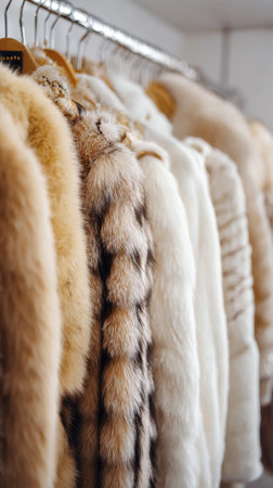Luxurious fur jackets of various colors are neatly displayed on a rack in a stylish boutique. The scene captures the cozy essence of autumn fashion..の素材
