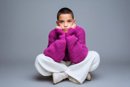 A child in a vibrant pink sweater sits on the floor, resting their chin on their hands. The soft gray backdrop enhances their contemplative expression..の素材