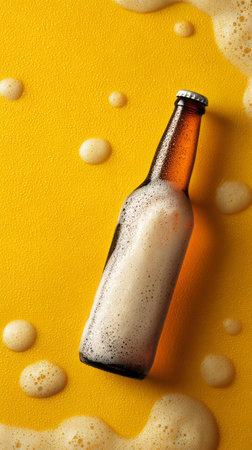 A glass bottle of cold beer rests on a bright yellow surface, surrounded by frothy bubbles. The scene evokes a refreshing and warm atmosphere perfect for summer gatherings..の素材