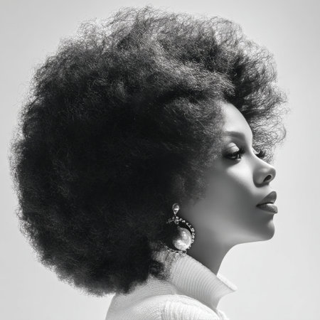 A woman displays a striking afro hairstyle and large earrings. The focus is on her profile against a simple backdrop, highlighting her beauty and style.の素材