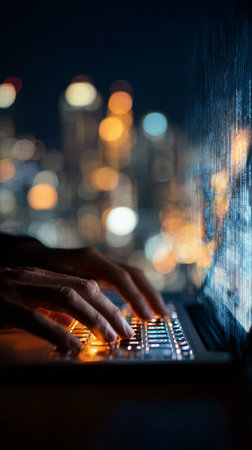 Hands are seen typing on a laptop keyboard as the city skyline glows in the background. The scene captures the energy of late-night work with vibrant lights illuminating the surroundings.の素材