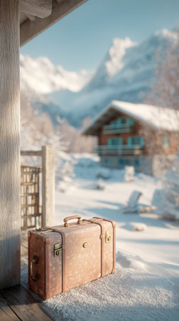 A vintage suitcase sits on a snowy porch, with a beautiful wooden cabin and mountains in the background under a clear sky, creating a serene winter atmosphere.の素材