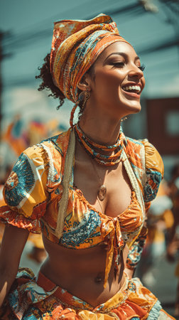 A lively dancer wears vibrant, colorful attire while celebrating at a street festival. She smiles joyfully, surrounded by festive decorations and enthusiastic performers.の素材