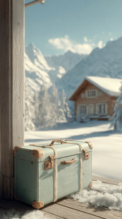 A vintage suitcase sits on the snowy porch of a cozy mountain cabin. The scenery features snow-covered trees and distant mountains under clear blue skies..の素材