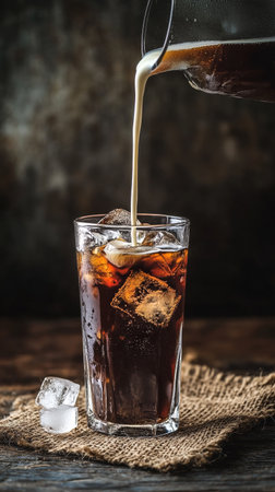 Pouring cold cream into a glass of cold brew coffee filled with ice cubes on a textured surface. The drink looks rich and inviting against a dark, moody background.の素材