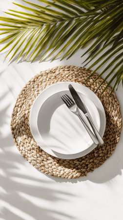 A beautifully arranged dining table features a white plate set on a woven placemat. The setting is enhanced by fresh green palm leaves, creating a tropical vibe..の素材