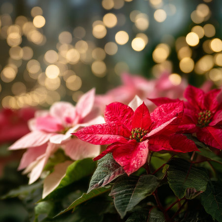 Red and pink poinsettias are in full bloom, surrounded by warm, glowing lights that create a festive atmosphere in an indoor garden during winter..の素材