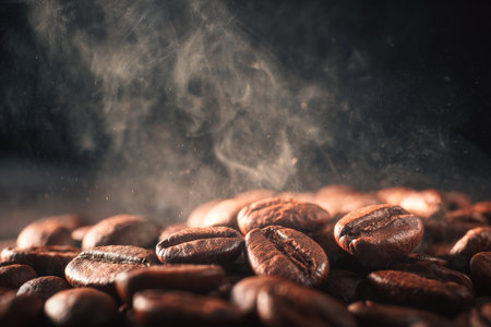 Coffee beans scatter across a surface, releasing steam as they cool. The rich brown color and visible texture create an inviting atmosphere for coffee lovers.の素材