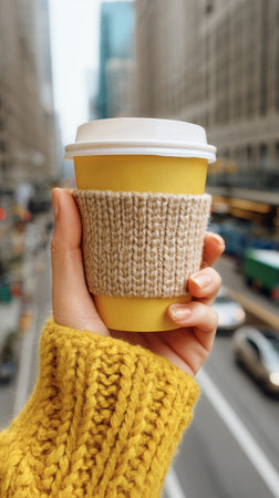 A hand in a cozy yellow sweater holds a warm drink while standing on a bustling street. The background features blurred traffic lights and tall buildings under a cloudy sky..の素材