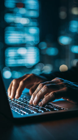 Hands are seen typing on a laptop keyboard at night. The screen glows with digital content while blurred lights create a dynamic background, setting a focused atmosphere.の素材