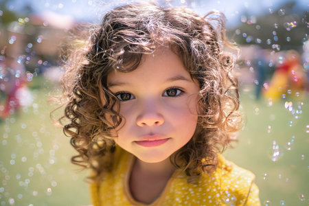 A joyful girl with curly hair wears a yellow jacket while surrounded by colorful bubbles. She smiles brightly as she plays in a cheerful outdoor setting, capturing pure joy..の素材