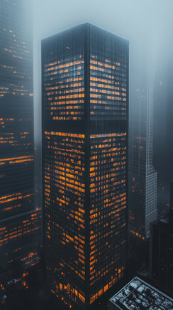 Tall buildings are surrounded by fog as evening sets in. Warm light from windows contrasts with the cool mist, creating a mysterious urban scene.の素材