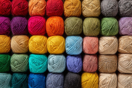 Striking arrangement of vibrant yarn balls in various colors is presented in neat rows, ideal for knitting, crocheting, or other creative projects at a crafting workshop.の素材