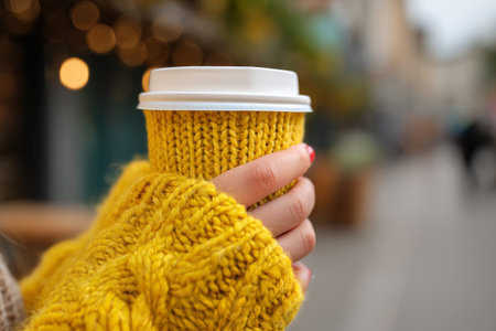 A person holds a warm drink in a knitted yellow cup cozy, enjoying the ambiance of a cool autumn day in an outdoor setting with softly blurred backgrounds.の素材