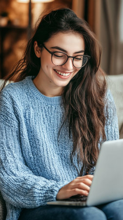 A young woman with curly hair and glasses sits on a couch, wearing a blue sweater. She beams at the camera, enjoying the comfort of her cozy space with a laptop..の素材
