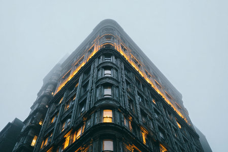 A tall, historic building features intricate architectural details and glowing windows. Fog envelops the structure, creating a mysterious atmosphere in the urban landscape at dusk..の素材
