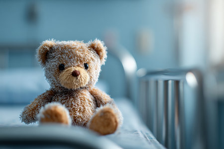 A soft teddy bear with brown fur rests on a hospital bed in a pediatric ward. The gentle afternoon light creates a warm atmosphere, bringing comfort to children.の素材