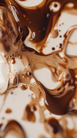 Rich chocolate and cream blend together on a white surface, creating captivating swirls and drops. The textures and colors invite a closer look at this sweet scene.の素材