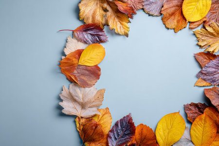 Vibrant red, orange, and yellow leaves form a circular frame on a soft blue surface, creating a warm autumnal feel that highlights seasonal beauty and nature..の素材