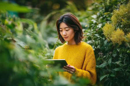A woman wearing a cozy yellow sweater focuses on her tablet. She stands surrounded by vibrant green plants and foliage in a peaceful outdoor garden area..の素材