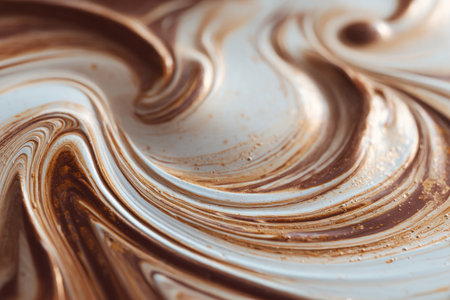 Close-up view shows rich chocolate and vanilla swirling together, creating a creamy mix. The smooth texture highlights the blend of flavors and invites the taste buds.の素材