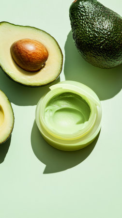 Avocado half slices surround a small jar of green cream. The vibrant color contrasts with the smooth surface. This setup highlights natural beauty and healthy living..の素材