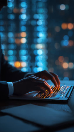 Hands are seen typing on a laptop keyboard at night. The screen glows with digital content while blurred lights create a dynamic background, setting a focused atmosphere..の素材