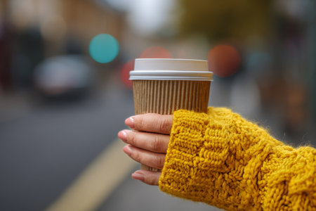 A person holds a warm drink in a knitted yellow cup cozy, enjoying the ambiance of a cool autumn day in an outdoor setting with softly blurred backgrounds..の素材