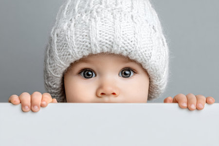 A curious baby with big blue eyes peeks over a white surface while wearing a cozy knitted hat. The background is soft and neutral, creating a warm atmosphere.の素材