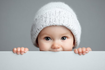 A curious baby with big blue eyes peeks over a white surface while wearing a cozy knitted hat. The background is soft and neutral, creating a warm atmosphere..の素材