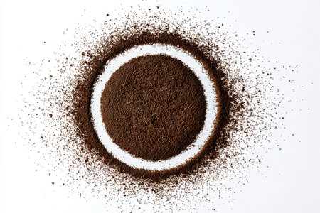 Coffee grounds are arranged in a circle on a clean white surface. The rich, dark color contrasts with the background, showing the texture and appearance of the coffee.の素材