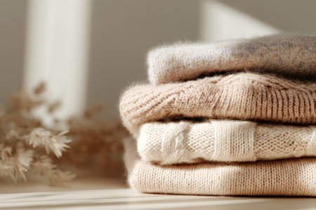 Four cozy knitted sweaters in neutral tones are stacked on a light wooden table. A soft background with natural elements creates a warm, inviting atmosphere..の素材