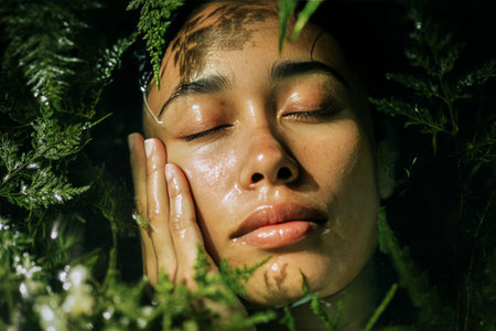 A peaceful woman enjoys a moment of tranquility with closed eyes while resting her face on her hand. She is surrounded by lush green plants and calm water reflecting nature.の素材