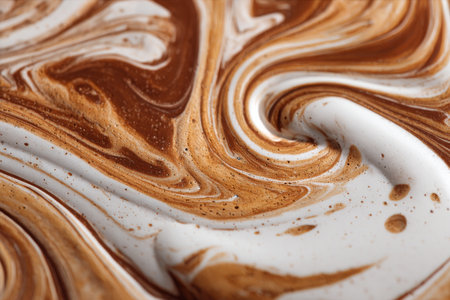 Close-up view shows rich chocolate and vanilla swirling together, creating a creamy mix. The smooth texture highlights the blend of flavors and invites the taste buds..の素材