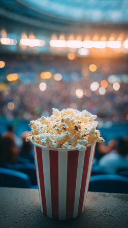 Bright striped cup filled with fresh popcorn sits on a ledge with a blurred stadium full of fans and lights in the background during a sports event..の素材